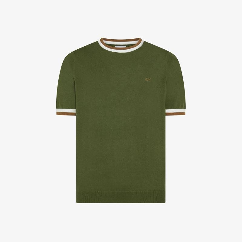 T-shirt in maglia di cotone bianco panna / verde scuro K36110
