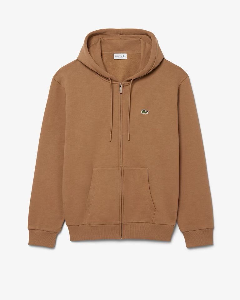 Felpa Lacoste marrone con cappuccio tessuto felpato